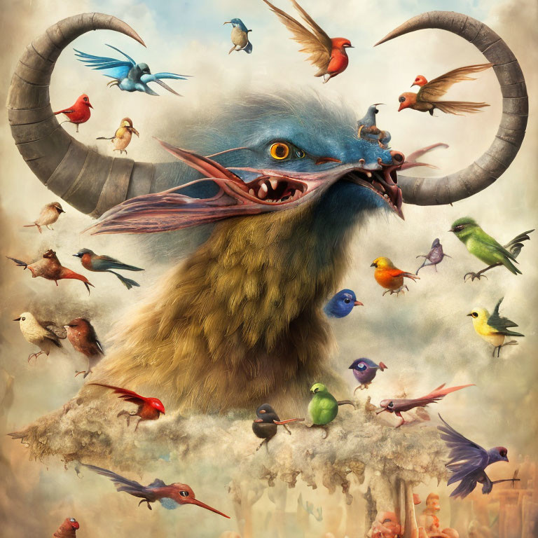 Colorful Creature with Horns Surrounded by Birds on Cloudy Background