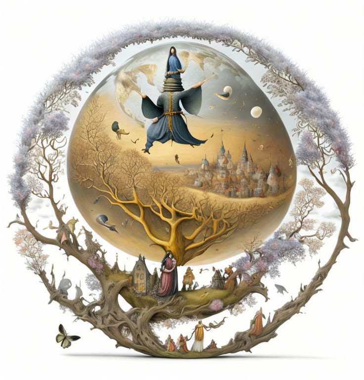 Surreal illustration of figure with butterfly wings in orb setting among trees, creatures, and castle within