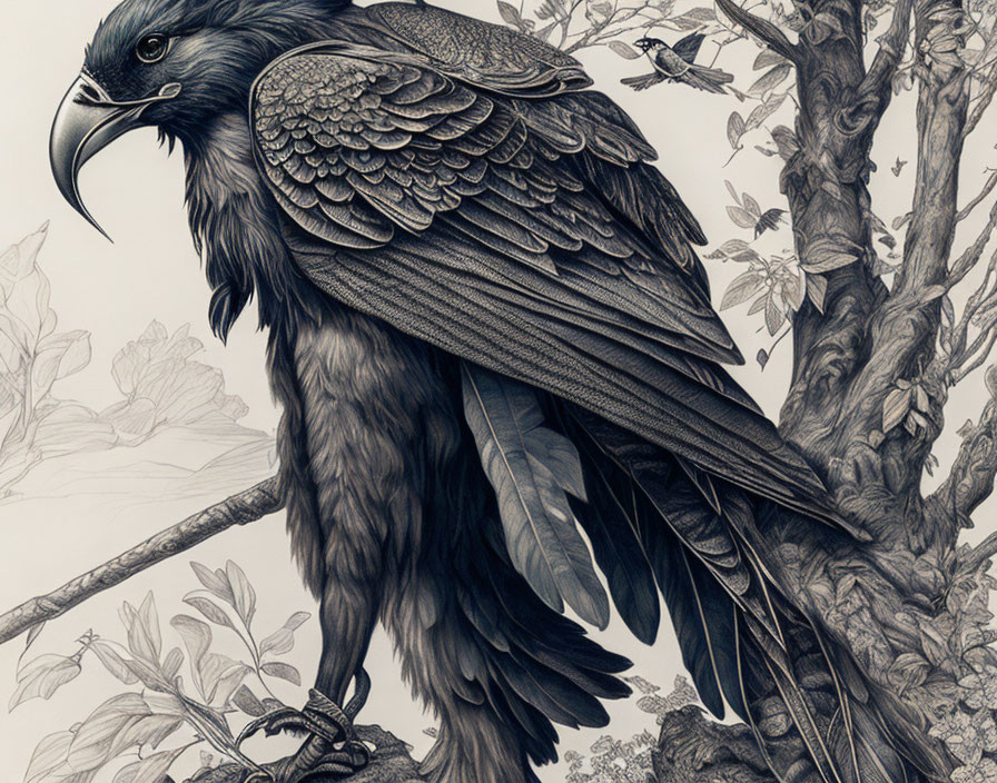 Detailed monochromatic drawing: Raven perched on branch with intricate feather textures & foliage.