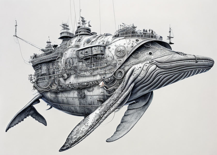 Whale and battleship fusion artwork with intricate mechanical details