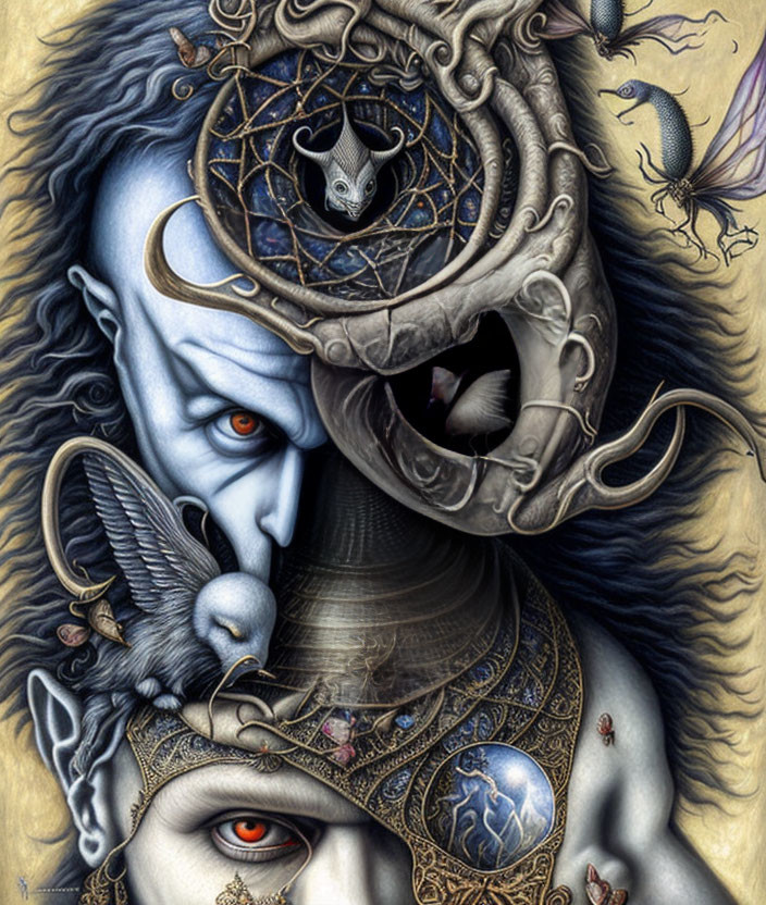 Surreal artwork: Two faces with ornate headpieces, mystical creatures and symbols