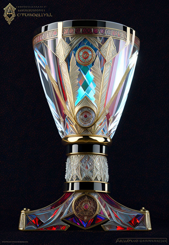 Intricate geometric patterns on ornate trophy with gemstone embellishments