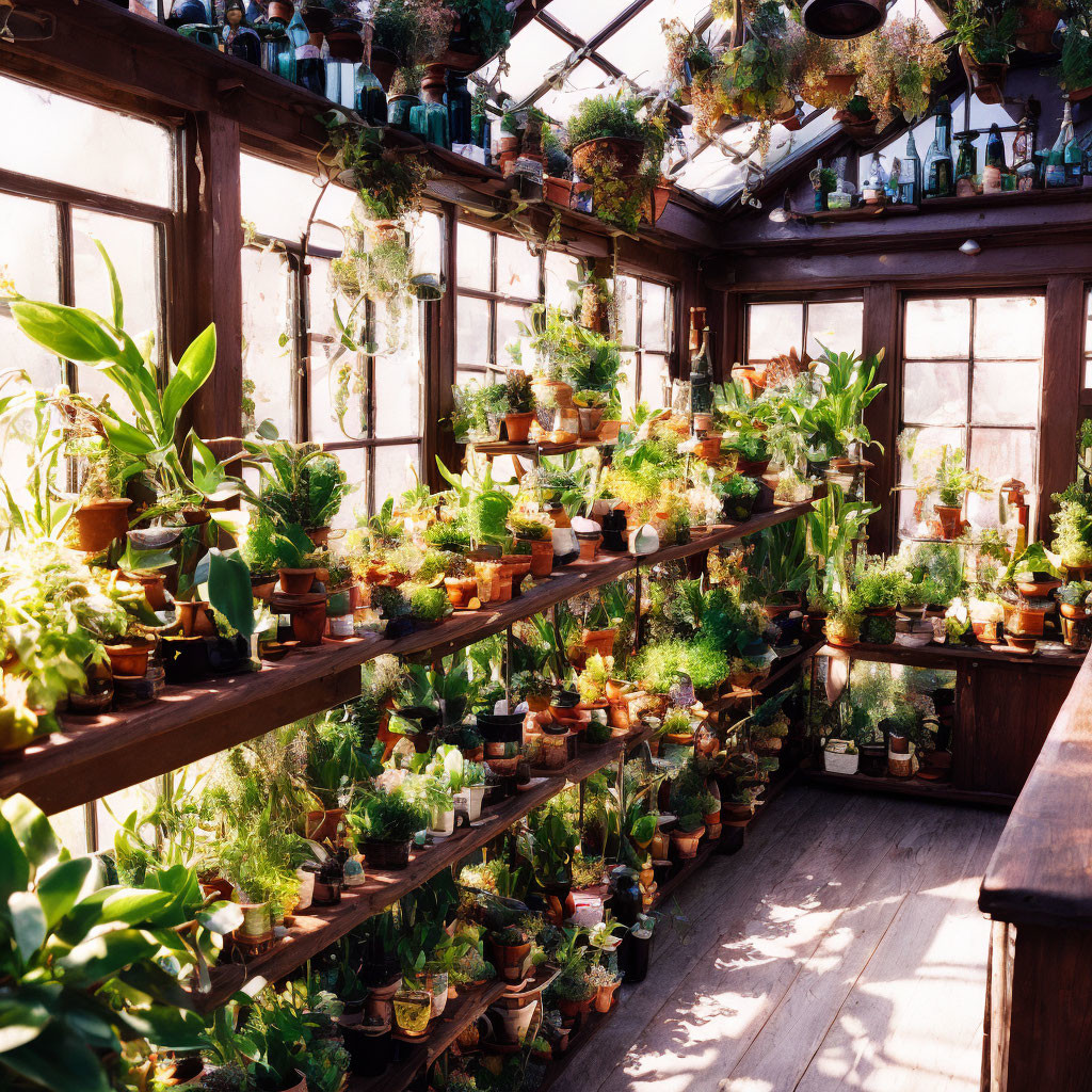 Sunlit Greenhouse with Lush Potted Plants Display