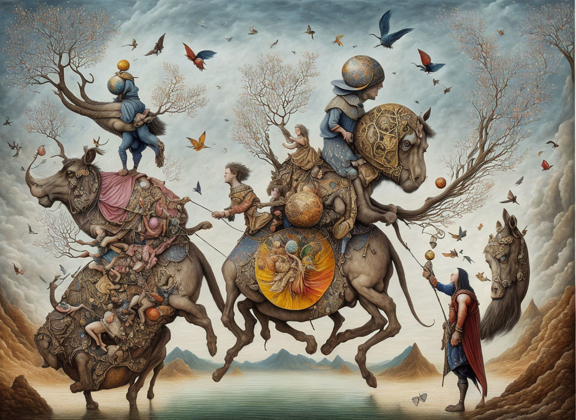 Surreal painting of armored knights on horses with celestial and medieval symbols