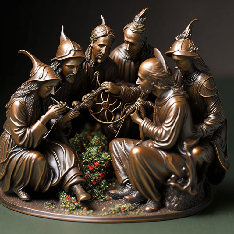 Bronze sculpture of seven medieval figures with floral arrangement