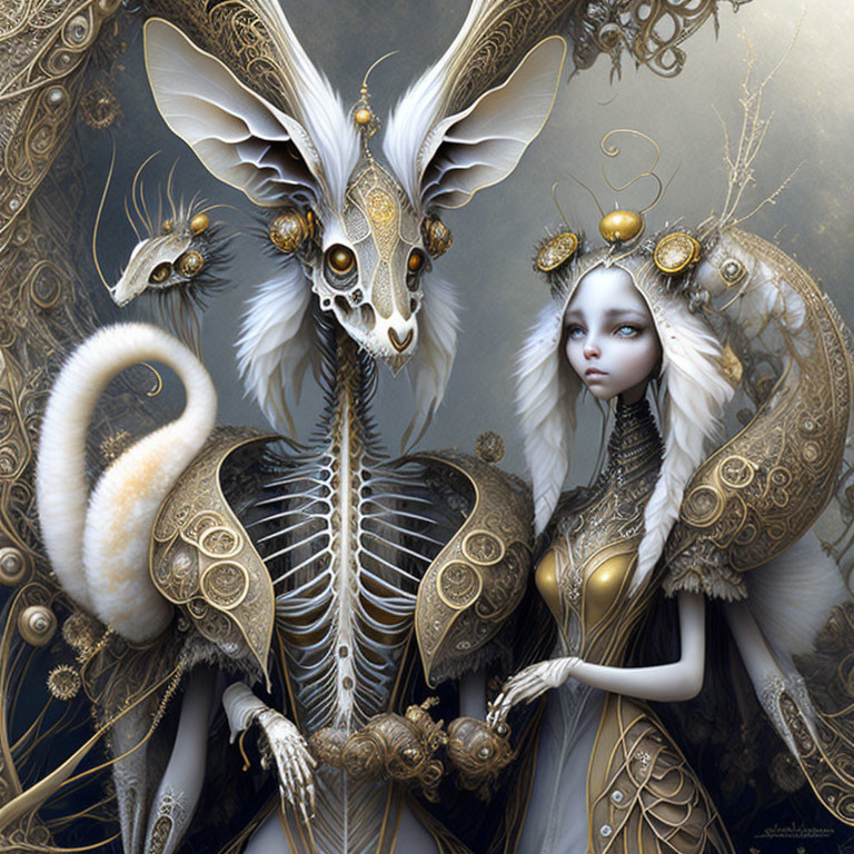 Golden detailed skeletal creature with regal headdress beside somber girl.