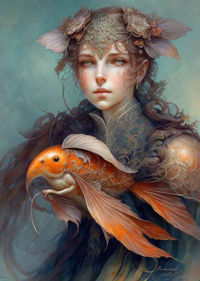 Ethereal woman in ornate attire with vibrant goldfish and intricate gold elements