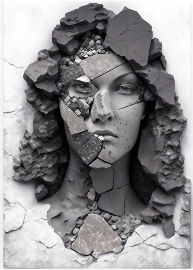 Monochrome artwork: Fragmented face emerging from cracked stone