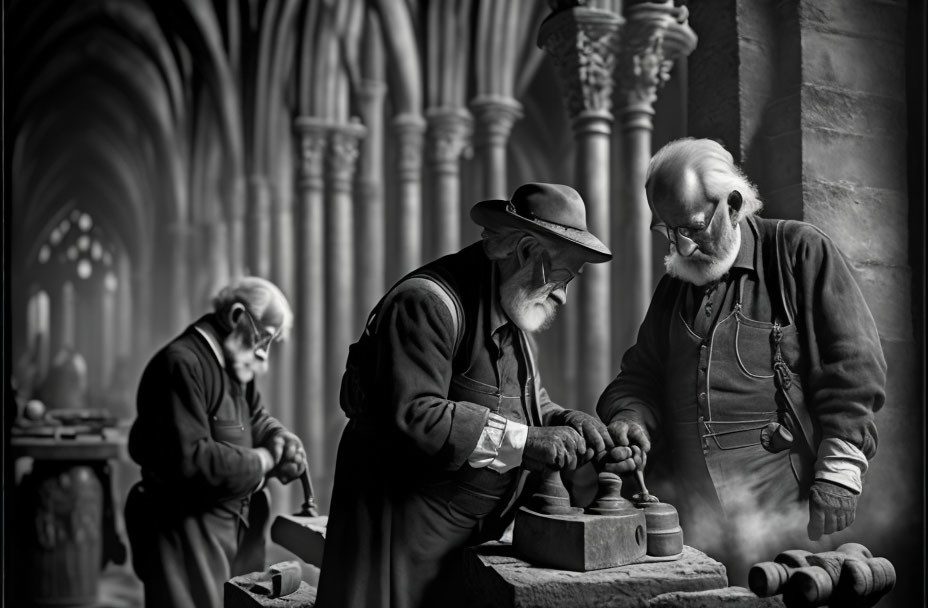 Elderly Men Crafting in Period Clothing in Gothic Cloister