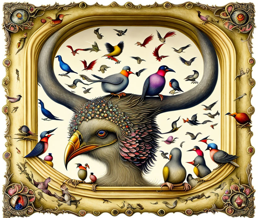 Ornate frame surrounding surreal giant bird head with colorful birds