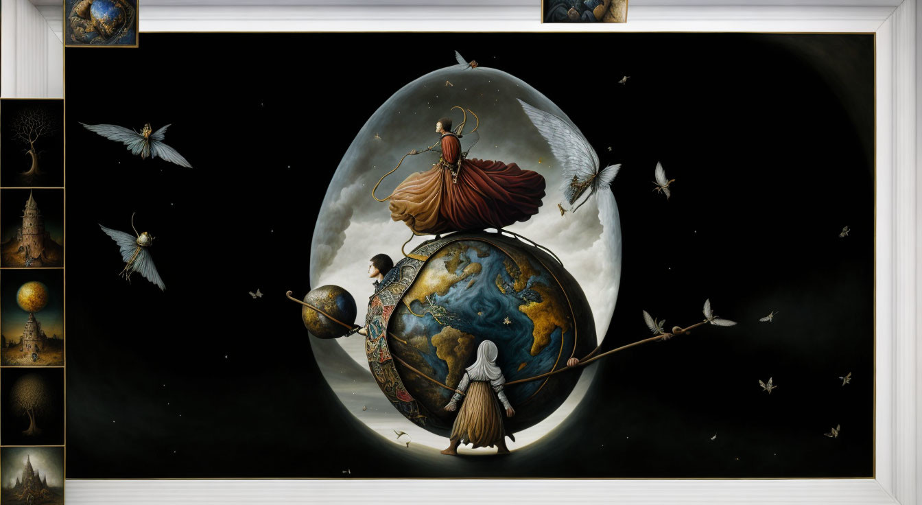 Surreal painting with classical figures on globe, moon backdrop, birds, knight