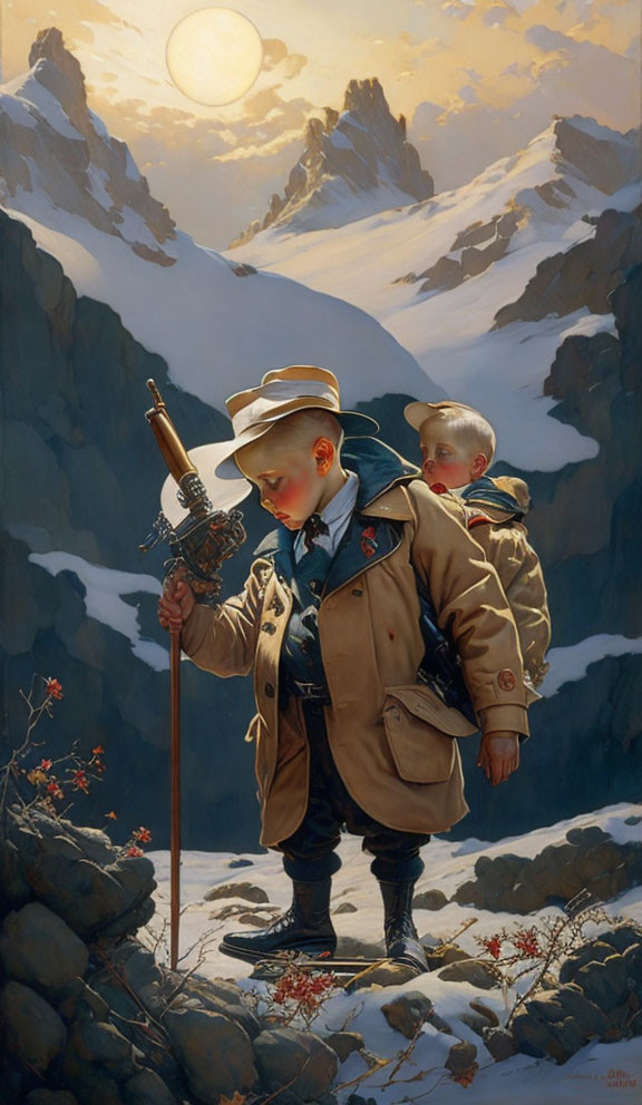 Young adventurers in early 20th-century attire admire mountain landscape