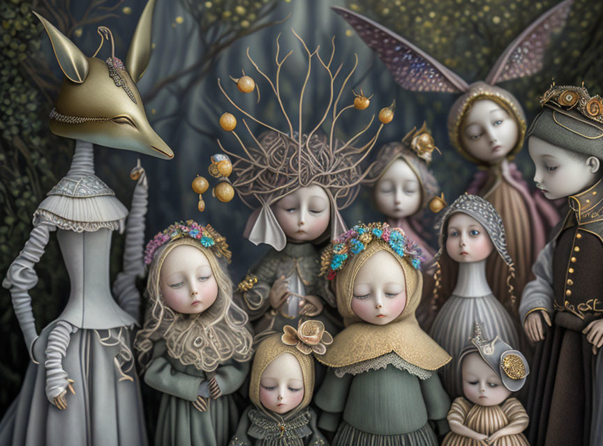 Ethereal doll-like figures in intricate costumes in forest setting