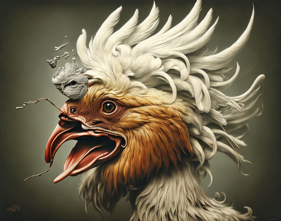 Detailed surreal artwork: chicken with elongated tongue and grey bird perched.