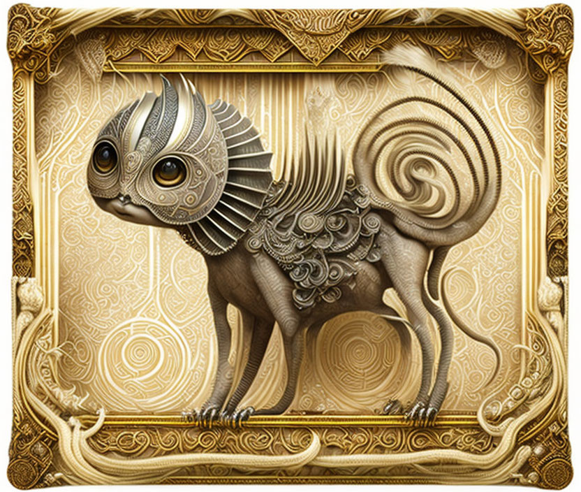 Golden framed artwork of whimsical mechanical cat creature with intricate gears and patterns.