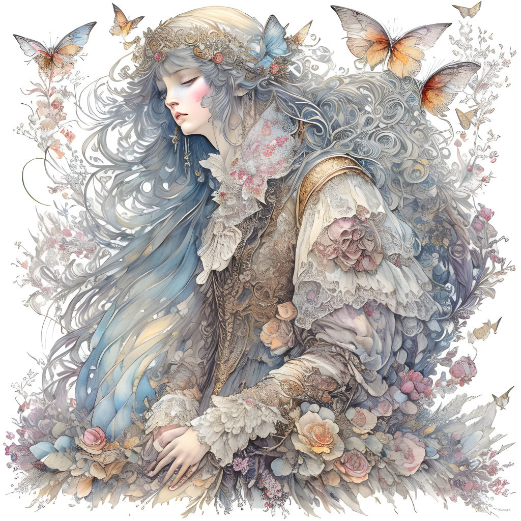 Ethereal fantasy illustration of woman with flowing hair and floral patterns