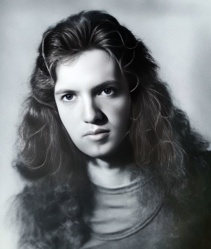 Monochrome portrait of young person with wavy hair and intense gaze