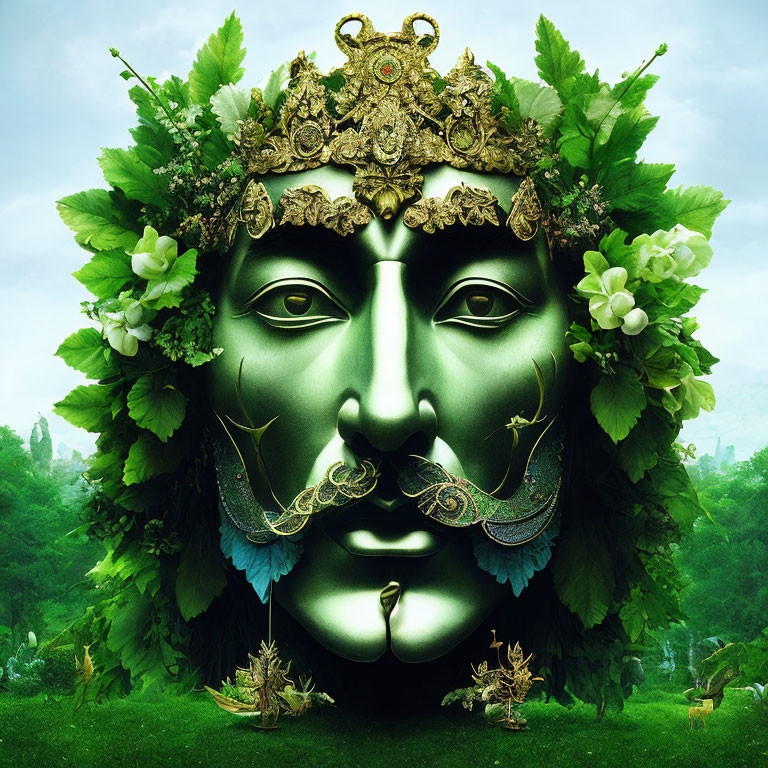 Elaborate golden headpiece on mystical green face in lush forest