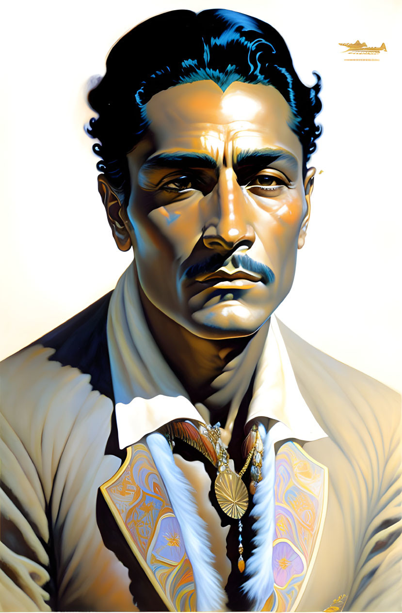 Portrait of a man with dark hair, mustache, white shirt, and decorative vest