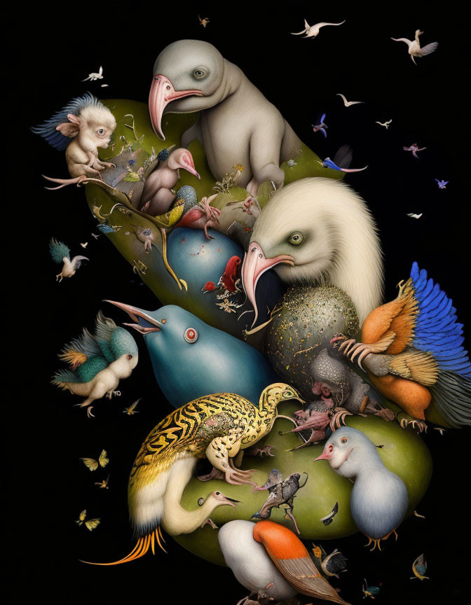 Fantastical surreal artwork featuring vibrant flora and fauna