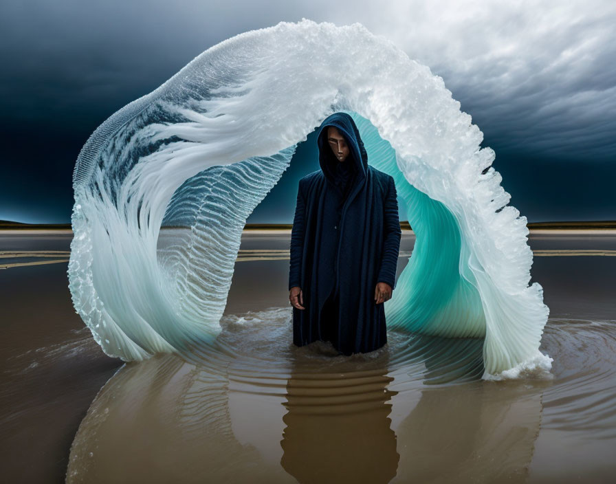 Mysterious figure in dark cloak under frozen wave arch.