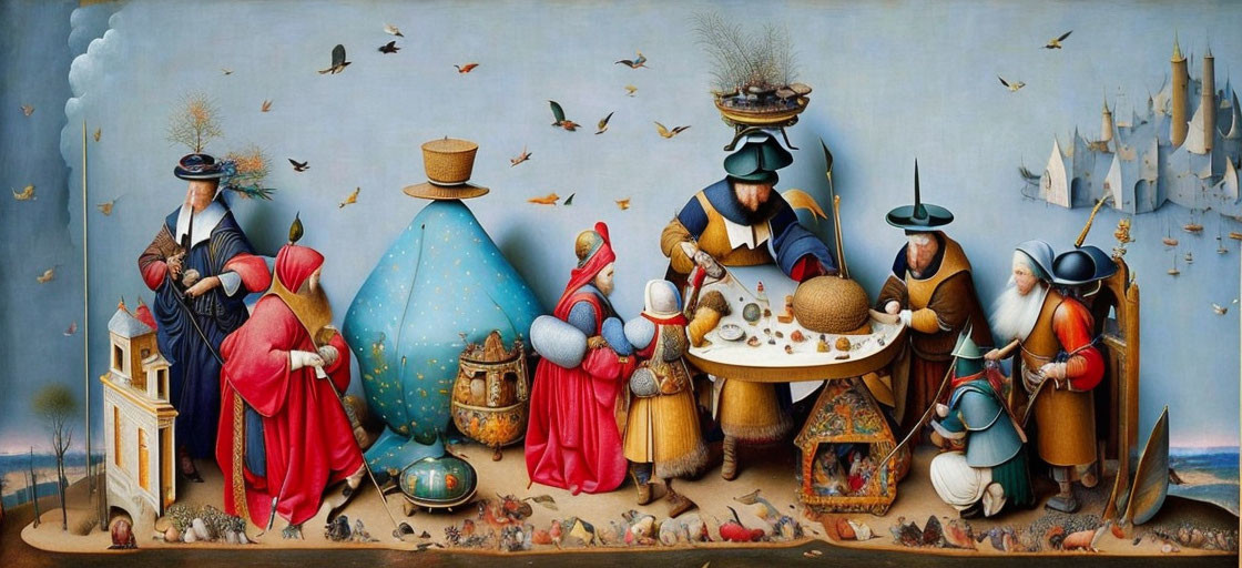 Surreal Renaissance-themed painting with bizarre figures, animals, and objects