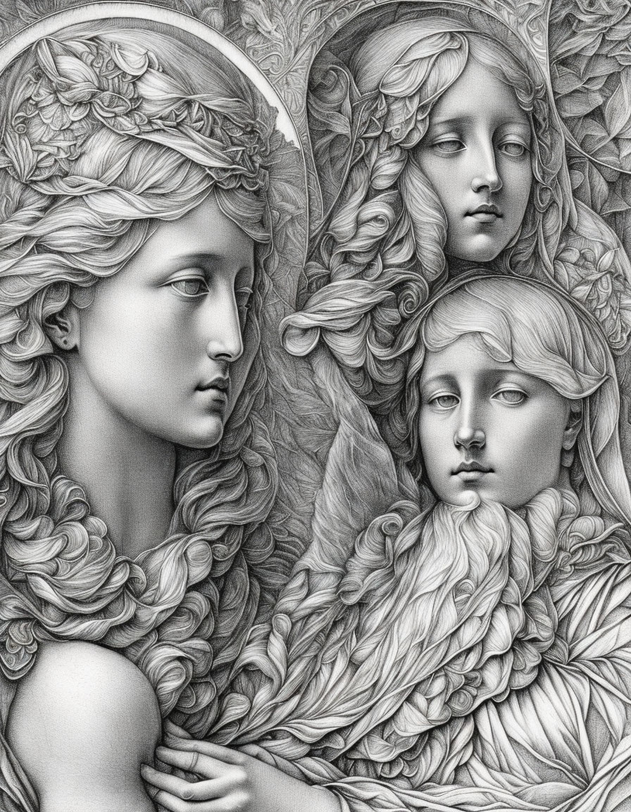 Intricately detailed black and white image of ethereal women with flowing hair and ornate he