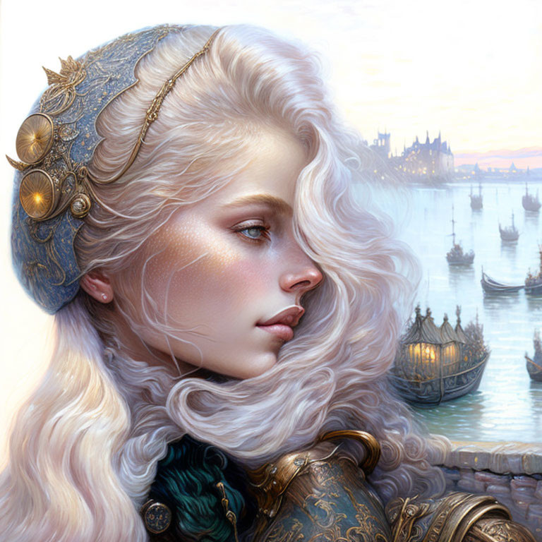 Fantasy woman digital portrait with blonde hair and armor, ships and castle background