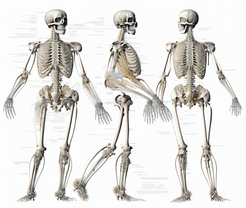 Anatomical illustrations: Human skeletons in various poses with labeled bones