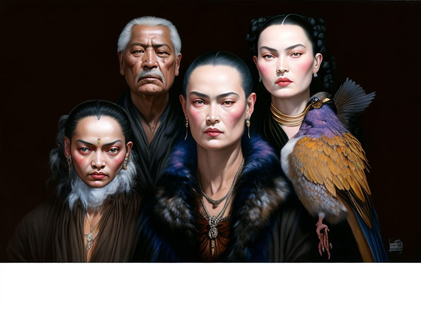 Four stylized fantasy character portraits with Asian features, diverse attire, hairstyles, and colorful bird.