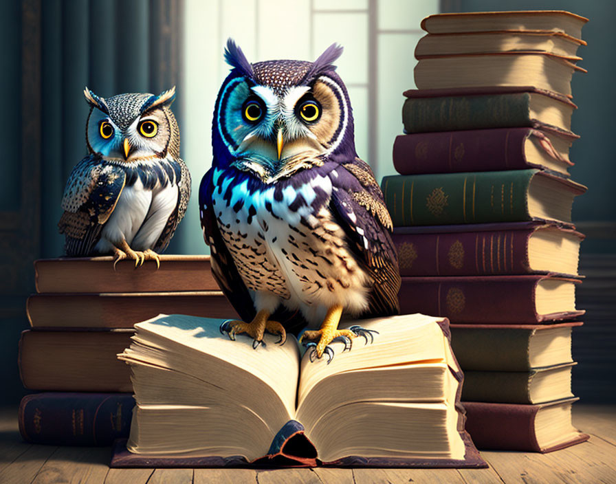 Illustrated owls on open book beside stack of books in warmly lit room