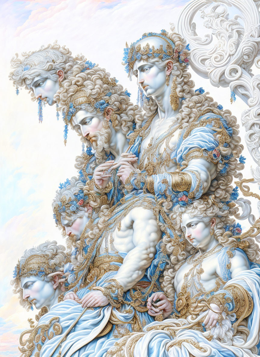 Detailed artistic illustration of figures in regal attire against cloudy backdrop