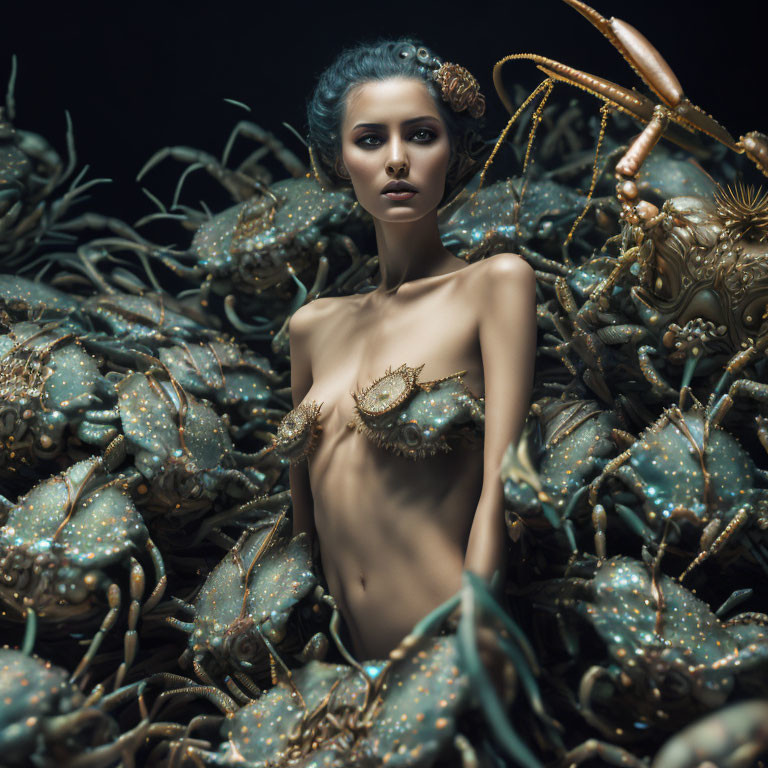 Ornate crabs with elaborate patterns surrounding a woman in surreal art-nature blend