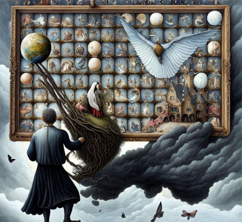 Surreal painting: figure with nest of houses, celestial objects wall, flying dove