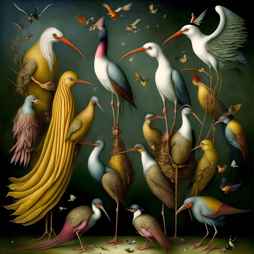 Colorful surreal painting featuring stylized birds on dark background