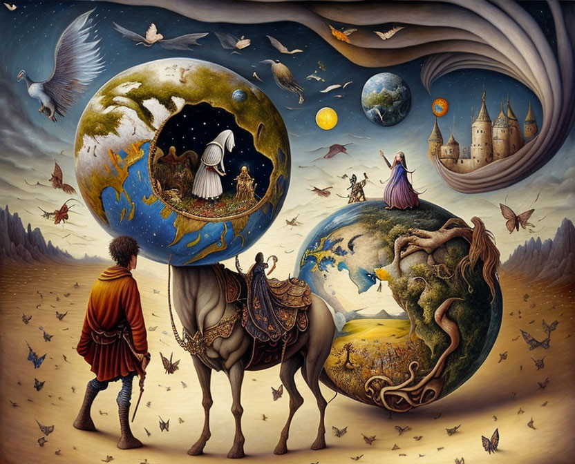 Knight and Horse in Surreal Cosmic Painting with Princess and Whimsical Creatures