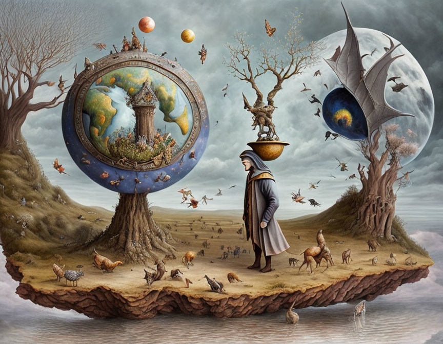 Surreal floating island with robed figure, animals, whimsical trees