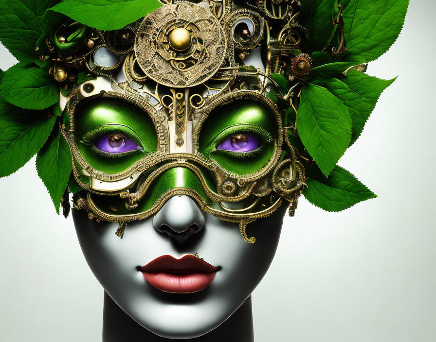 Steampunk-inspired figure wearing ornate gear mask on light background