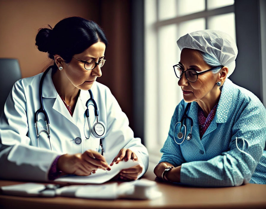 Female healthcare professionals in scrubs and lab coats reviewing documents at a table