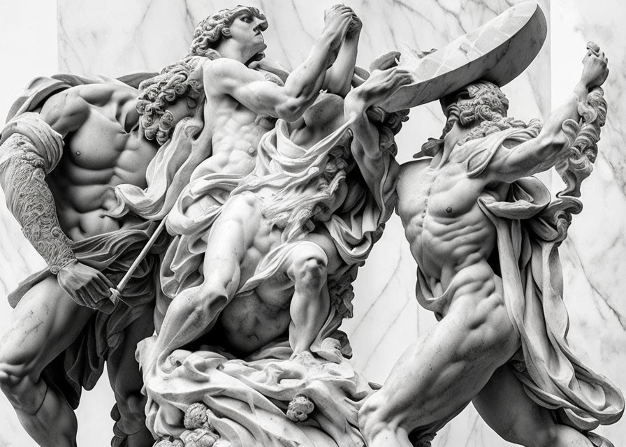 Dynamic black-and-white marble sculpture of muscular figures in intense struggle with intricate detail and flowing drapery