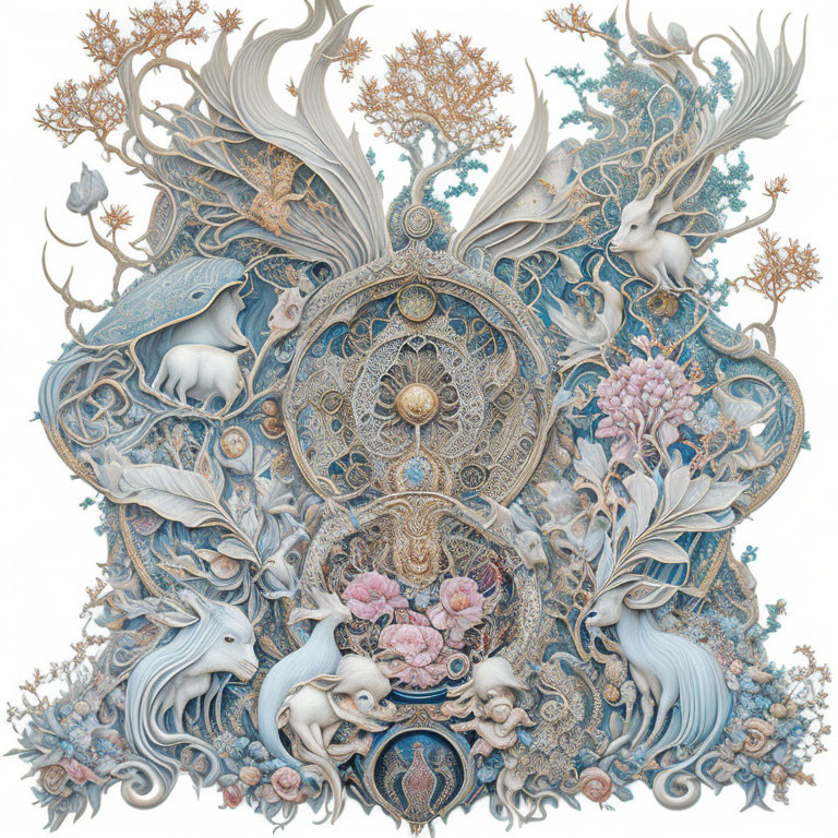 Fantasy Artwork: Mythical Creatures, Floral Patterns, Symmetrical Designs