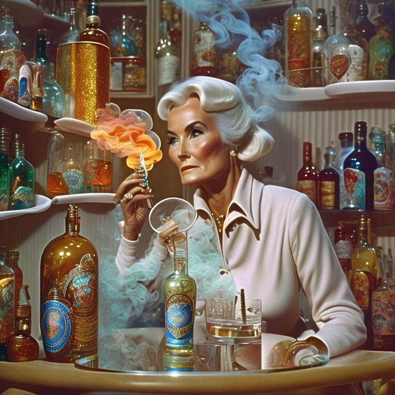 Stylized image of woman with white hair exhaling smoke at bar surrounded by vintage bottles