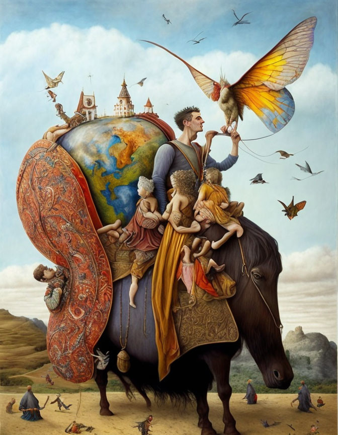 Surreal painting: man on horse with globe, children, fantastical elements, birds in pastoral