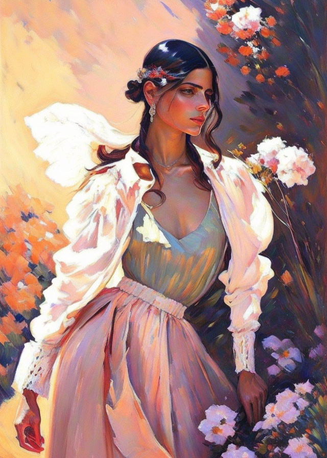 Woman with Angel Wings Surrounded by Flowers and Flowing Dress