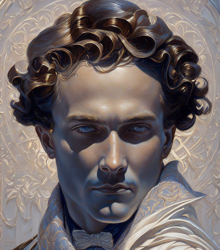 Stylized portrait of a man with curly hair and blue eyes on ornate background