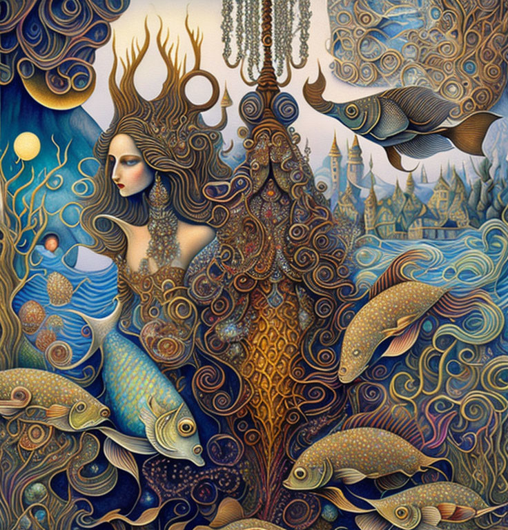 Surreal Artwork: Woman in Aquatic Scene with Stylistic Fish