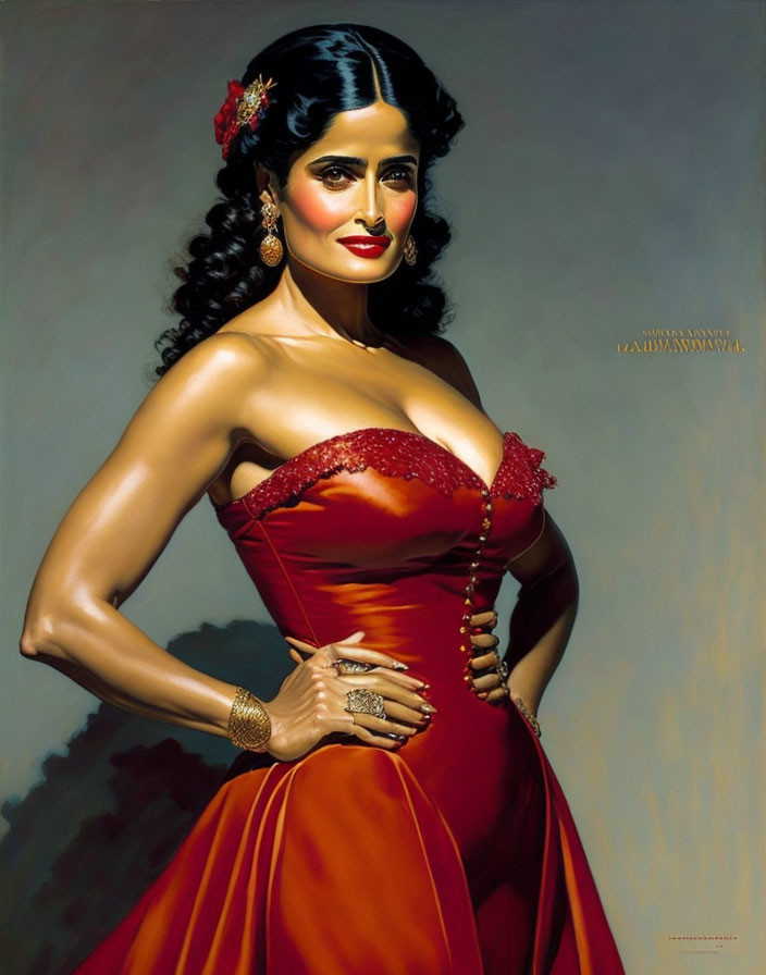 Woman in Red Off-Shoulder Gown with Dark Wavy Hair