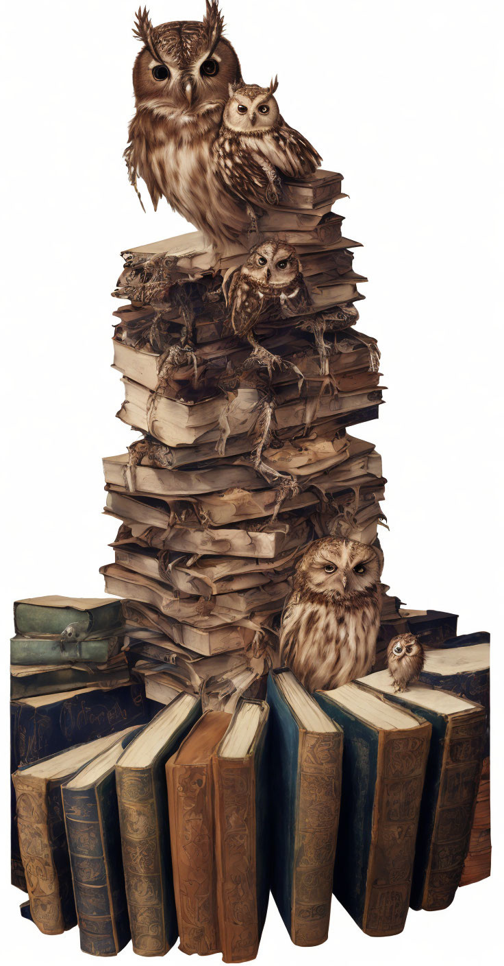 Four owls on stack of old books with intricate covers symbolize wisdom and ancient knowledge.