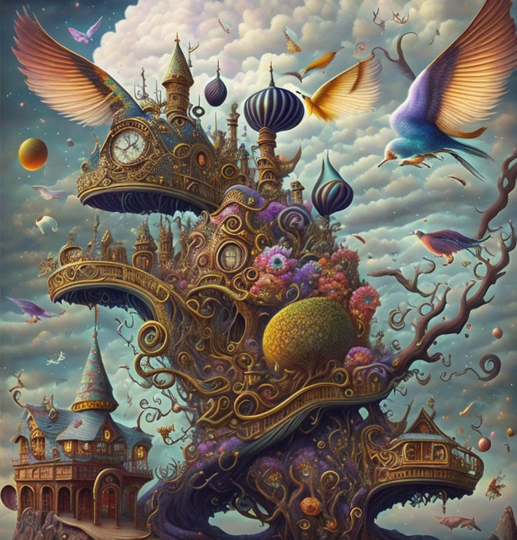 Fantastical tree with castle-like structure, birds, and balloons in dreamlike sky