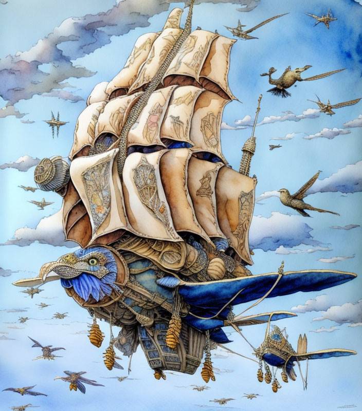 Illustration of whimsical flying ship with bird-like features and intricate sails against cloudy backdrop